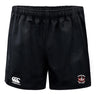 The Castle Rock Pirates Rugby Advantage Shorts by EMB Canterbury feature an elastic waistband, moisture-wicking fabric, the Canterbury logo on the left leg, and a "Pirates Rugby Castle Rock" crest on the right.