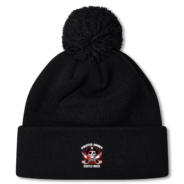 Stay warm in the Castle Rock Pirates Rugby Pom Pom Beanie by EMB Canterbury—this black knit, fleece-lined hat features a pom-pom and an embroidered “Pirates Rugby Castle Rock” skull and crossbones logo on the front cuff.