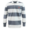 The EMB Mudoo Castle Rock Pirates Rugby Classic Long Sleeve Hooped Jersey features wide gray and white stripes with a small crest logo on the left chest, blending vintage style and comfort in a timeless rugby design.