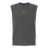 The Pittsburgh Forge Rugby Unisex Muscle Tee by EMB S&S Activewear is a sleeveless, dark gray, heavyweight cotton top featuring a small circular yellow and black "WAGIN BEEF SUPPORTER" cow logo on the chest.