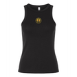 The EMB S&S Activewear Women's Pittsburgh Forge Rugby Baby Rib Tank is a black, sleeveless top featuring a small round yellow and black bull's head Pittsburgh Forge emblem on the upper chest.
