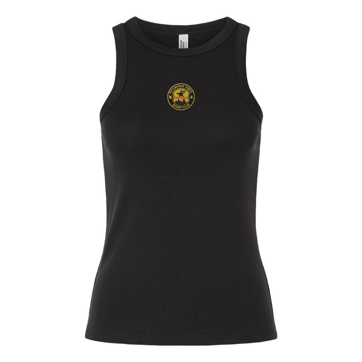 The EMB S&S Activewear Women's Pittsburgh Forge Rugby Baby Rib Tank is a black, sleeveless top featuring a small round yellow and black bull's head Pittsburgh Forge emblem on the upper chest.