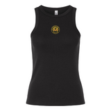 The EMB S&S Activewear Women's Pittsburgh Forge Rugby Baby Rib Tank is a black, sleeveless top featuring a small round yellow and black bull's head Pittsburgh Forge emblem on the upper chest.