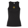 The EMB S&S Activewear Women's Pittsburgh Forge Rugby Baby Rib Tank is a black, sleeveless top featuring a small round yellow and black bull's head Pittsburgh Forge emblem on the upper chest.
