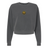 The EMB S&S Activewear Women's Pittsburgh Forge Rugby Mid-Length Crewneck Sweatshirt is a dark gray top with a small yellow circular logo and graphic on the upper chest, inspired by classic rugby styles.