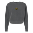 The EMB S&S Activewear Women's Pittsburgh Forge Rugby Mid-Length Crewneck Sweatshirt is a dark gray top with a small yellow circular logo and graphic on the upper chest, inspired by classic rugby styles.