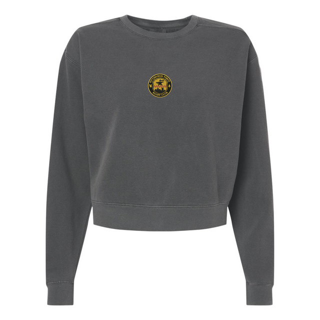 The EMB S&S Activewear Women's Pittsburgh Forge Rugby Mid-Length Crewneck Sweatshirt is a dark gray top with a small yellow circular logo and graphic on the upper chest, inspired by classic rugby styles.