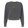 The EMB S&S Activewear Women's Pittsburgh Forge Rugby Mid-Length Crewneck Sweatshirt is a dark gray top with a small yellow circular logo and graphic on the upper chest, inspired by classic rugby styles.