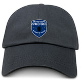The US Space Force Women's Rugby Adult Low-Profile Cotton Twill Dad Cap by EMB S&S Activewear is a black cap with embroidered "United States Space Force Women's Rugby" team branding on the front.