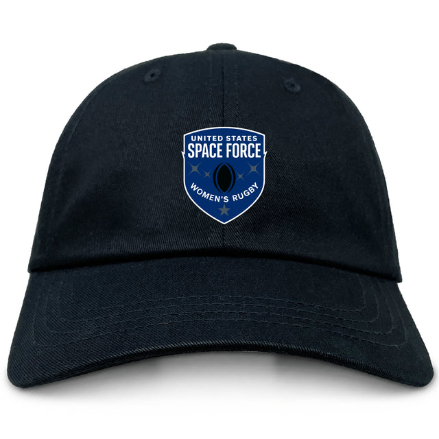 The EMB S&S Activewear US Space Force Women's Rugby Adult Low-Profile Cotton Twill Dad Cap is black with an embroidered blue and white "United States Space Force Women's Rugby" logo on the front.