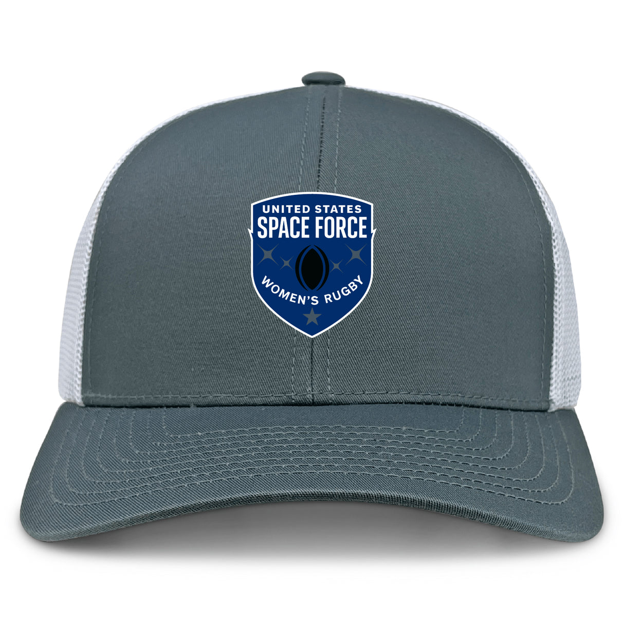 The EMB S&S Activewear US Space Force Women's Rugby Retro Trucker Cap features a gray and white design, embroidered front logo, and snapback closure.