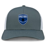 The EMB S&S Activewear US Space Force Women's Rugby Retro Trucker Cap features a gray and white design, embroidered front logo, and snapback closure.