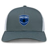 The EMB S&S Activewear US Space Force Women's Rugby Retro Trucker Cap features a gray and white design, embroidered front logo, and snapback closure.