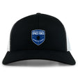 The EMB S&S Activewear US Space Force Women's Rugby Retro Trucker Cap is a black and white trucker hat with an embroidered front logo and comfortable snapback closure.