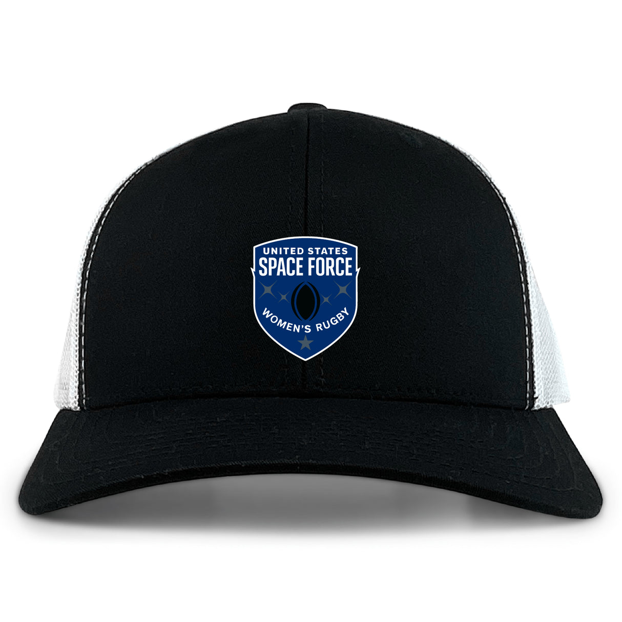 The EMB S&S Activewear US Space Force Women's Rugby Retro Trucker Cap is a black and white trucker hat with an embroidered front logo and comfortable snapback closure.