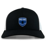 The EMB S&S Activewear US Space Force Women's Rugby Retro Trucker Cap is a black and white trucker hat with an embroidered front logo and comfortable snapback closure.