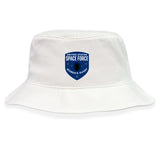 The EMB S&S Activewear US Space Force Women's Rugby Crusher Bucket Cap is a white cotton twill hat with a blue rugby logo and stars on the front, providing excellent sun protection.