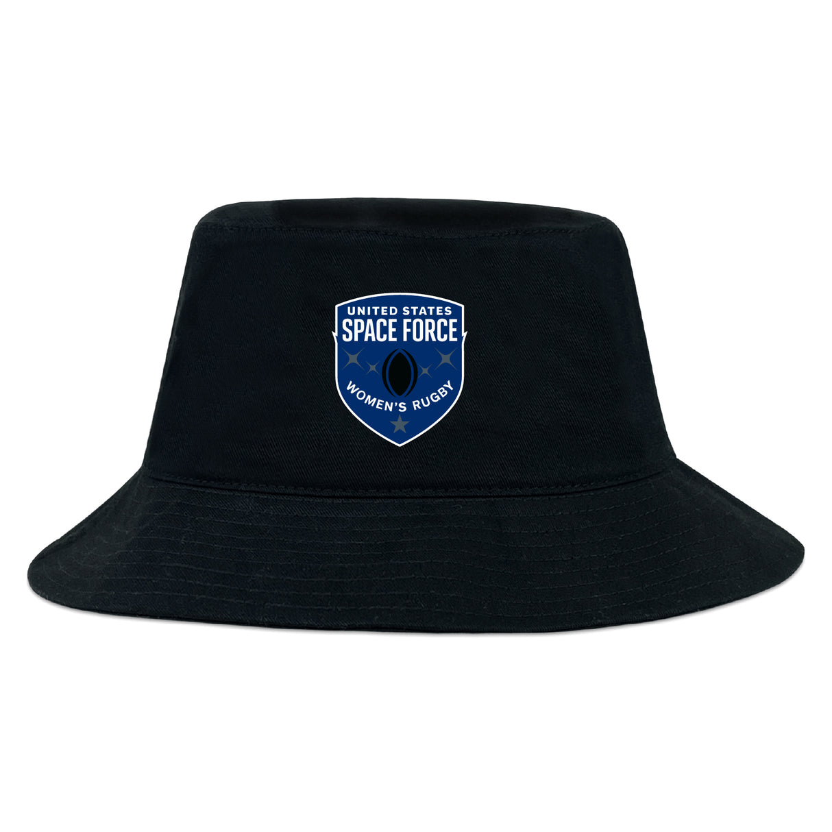 The US Space Force Women's Rugby Crusher Bucket Cap by EMB S&S Activewear is a black cotton twill hat featuring the team logo in blue and white, delivering sporty style and sun protection.