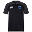 The US Space Force Women's Rugby Vapodri Evader Jersey by EMB Canterbury is a black short-sleeve top featuring moisture-wicking Vapodri tech, a white Canterbury logo on the right chest, and a blue Space Force Commander's Rugby badge on the left.