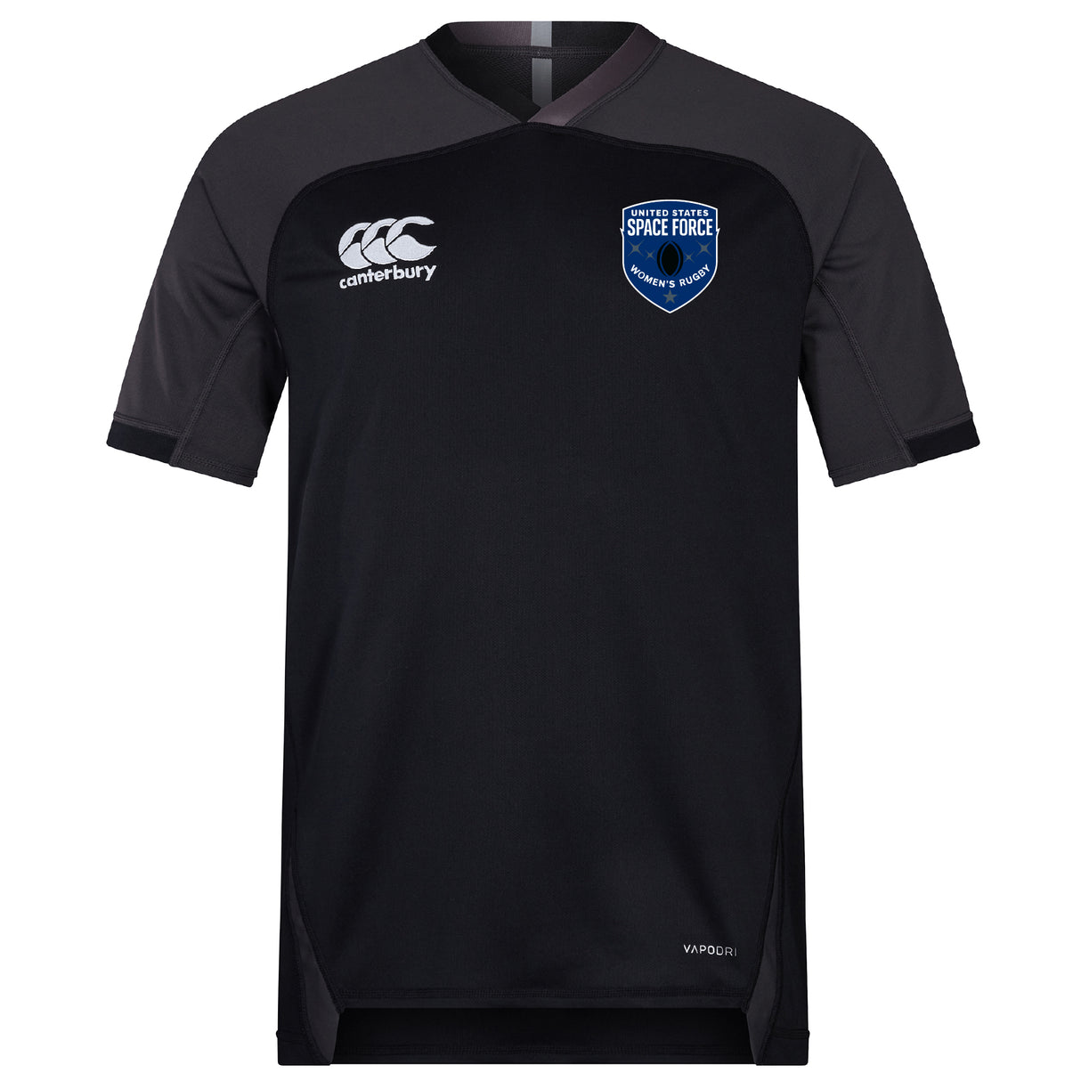 The US Space Force Women's Rugby Vapodri Evader Jersey by EMB Canterbury is a black short-sleeve top featuring moisture-wicking Vapodri tech, a white Canterbury logo on the right chest, and a blue Space Force Commander's Rugby badge on the left.