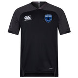 The US Space Force Women's Rugby Vapodri Evader Jersey by EMB Canterbury is a black short-sleeve top featuring moisture-wicking Vapodri tech, a white Canterbury logo on the right chest, and a blue Space Force Commander's Rugby badge on the left.