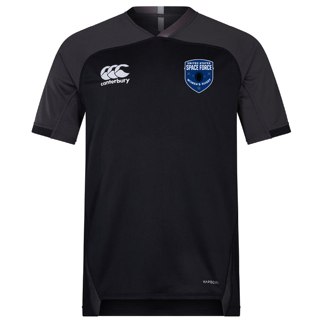 The US Space Force Women's Rugby Vapodri Evader Jersey by EMB Canterbury is a black short-sleeve top featuring moisture-wicking Vapodri tech, a white Canterbury logo on the right chest, and a blue Space Force Commander's Rugby badge on the left.