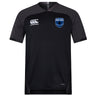 The US Space Force Women's Rugby Vapodri Evader Jersey by EMB Canterbury is a black short-sleeve top featuring moisture-wicking Vapodri tech, a white Canterbury logo on the right chest, and a blue Space Force Commander's Rugby badge on the left.