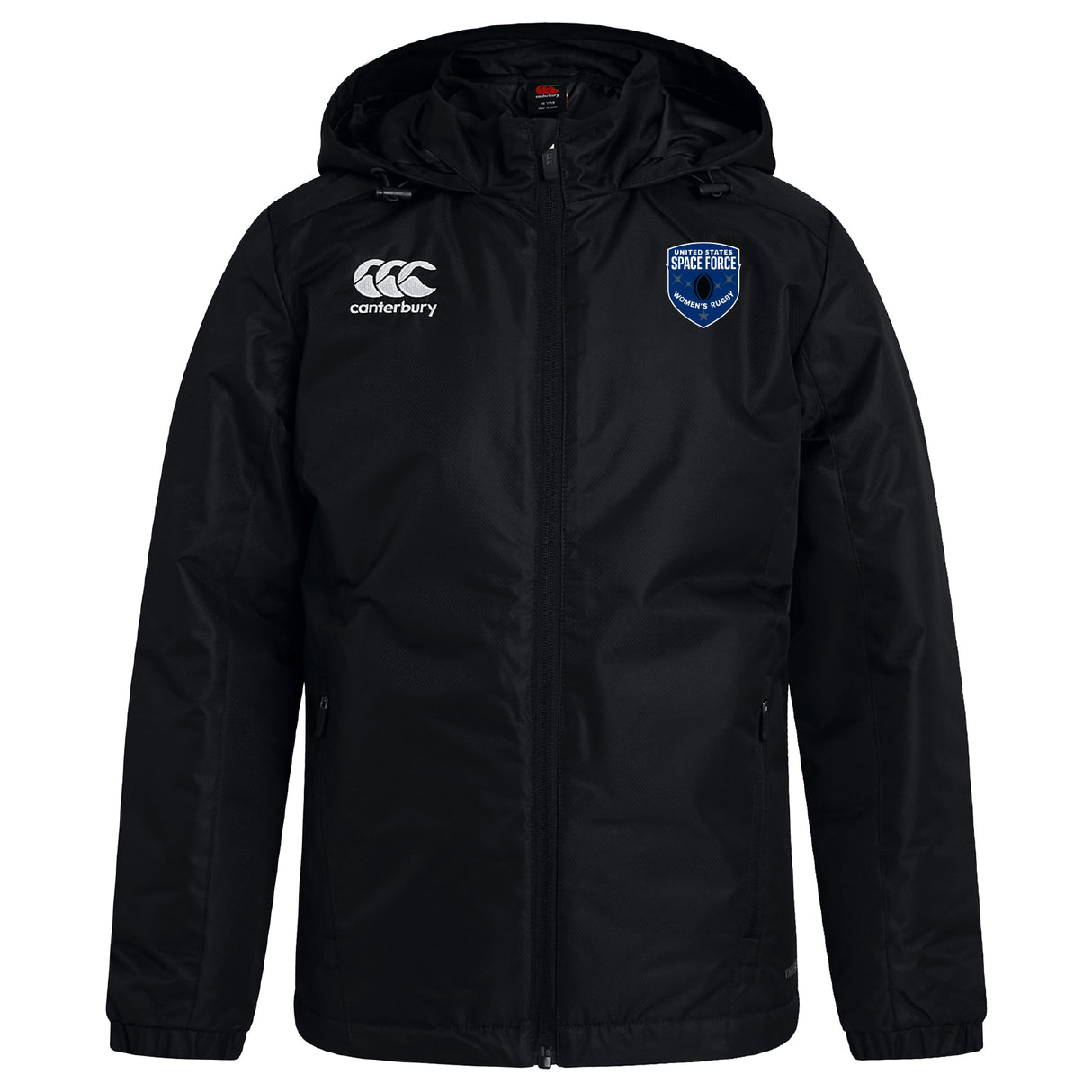 The US Space Force Women's Rugby Club Vaposhield Stadium Jacket by EMB Canterbury is black with a front zipper, padded insulation, a Canterbury logo on the left chest, and a blue Space Force badge on the right chest.