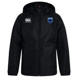The US Space Force Women's Rugby Club Vaposhield Stadium Jacket by EMB Canterbury is black with a front zipper, padded insulation, a Canterbury logo on the left chest, and a blue Space Force badge on the right chest.