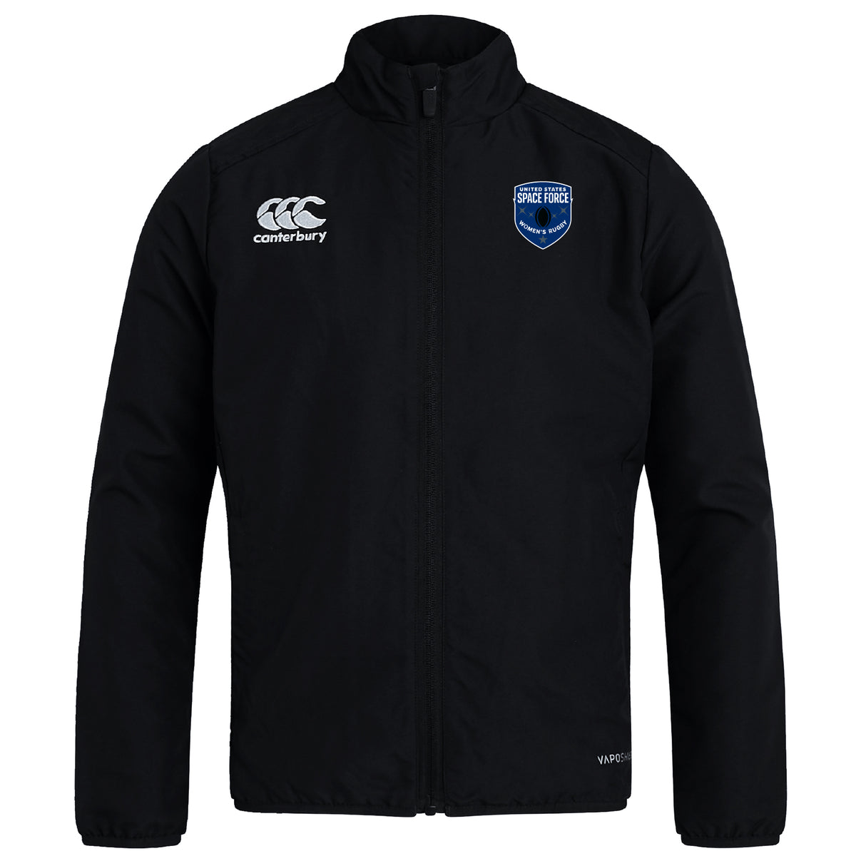 The EMB Canterbury US Space Force Women's Rugby Club Track Jacket features the Canterbury logo on the right chest and a blue shield Space Force badge on the left, perfect for club wear.