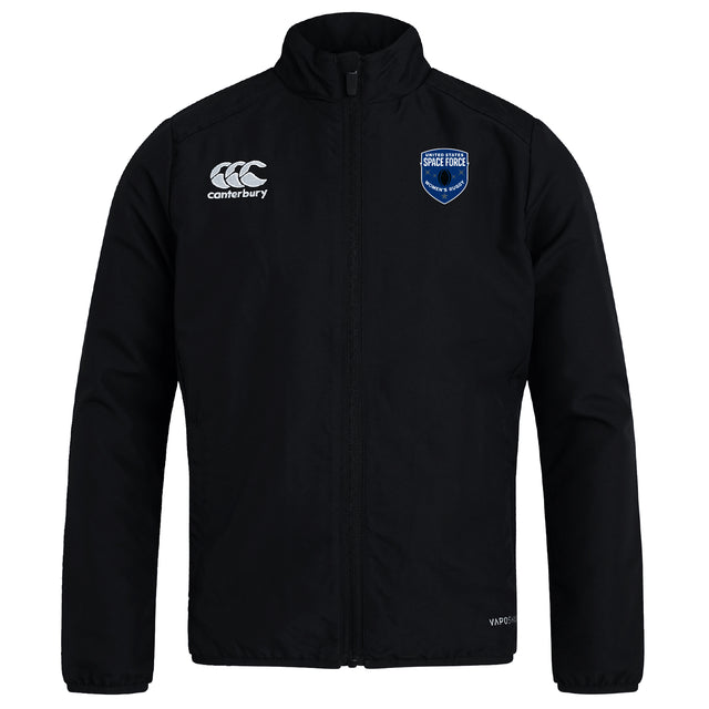 The EMB Canterbury US Space Force Women's Rugby Club Track Jacket features the Canterbury logo on the right chest and a blue shield Space Force badge on the left, perfect for club wear.