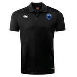 The US Space Force Women's Rugby Club Dry Polo by EMB Canterbury is a black short-sleeve, collared polo featuring a white Canterbury logo and blue US Space Force emblem, made with breathable Vapodri Technology for comfort.