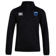 The US Space Force Women's Rugby Club 1/4 Zip Mid Layer Training Top by EMB Canterbury features long sleeves, a black design, the Canterbury logo on the right chest, and a blue Space Force badge on the left—ideal for rugby training.