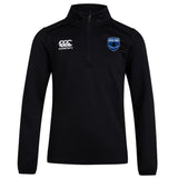 The US Space Force Women's Rugby Club 1/4 Zip Mid Layer Training Top by EMB Canterbury features long sleeves, a black design, the Canterbury logo on the right chest, and a blue Space Force badge on the left—ideal for rugby training.
