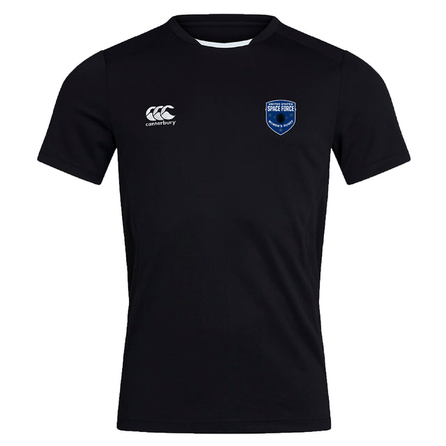 The US Space Force Women's Rugby Club Dry Tee by EMB Canterbury features a black design with a blue Space Force shield patch and Canterbury logo, made with Vapodri Technology for a breathable, athletic fit.