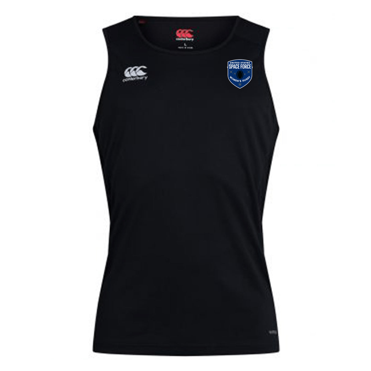 Stay cool and perform your best in the US Space Force Women's Rugby Club Dry Singlet by EMB Canterbury—a black, sleeveless top with a white Canterbury logo and blue Space Force badge on the chest.
