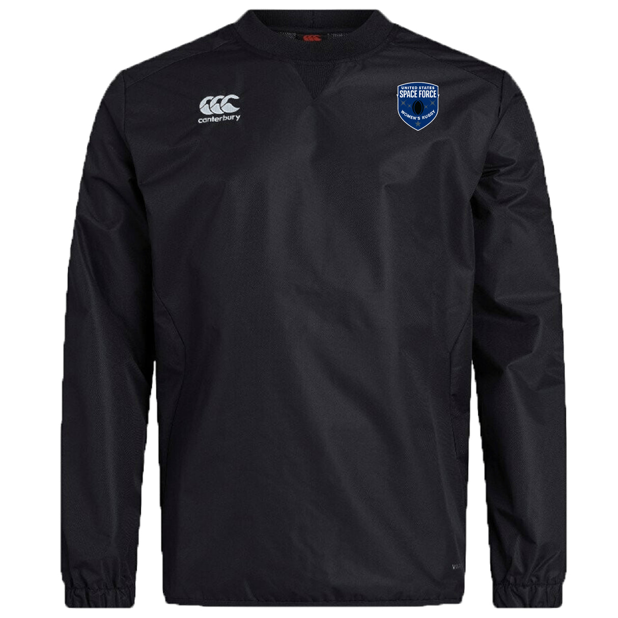 The US Space Force Women's Rugby Club Vaposhield Contact Top by EMB Canterbury is a black long-sleeve top with Vaposhield tech, a Canterbury logo on the right chest, and a blue Space Force badge on the left chest.