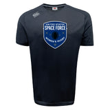 The US Space Force Women's Rugby Tempo Vapodri T-Shirt by WRS Canterbury is a black athletic tee with the team logo in blue and white on the chest and a small Canterbury logo on the shoulder, offering comfort and style.