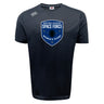 The US Space Force Women's Rugby Tempo Vapodri T-Shirt by WRS Canterbury is a black athletic tee with the team logo in blue and white on the chest and a small Canterbury logo on the shoulder, offering comfort and style.