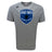 The WRS Canterbury US Space Force Women's Rugby Tempo Vapodri T-Shirt features a gray design with a blue shield logo on the front and a small Canterbury logo on the right shoulder, offering comfort and style.