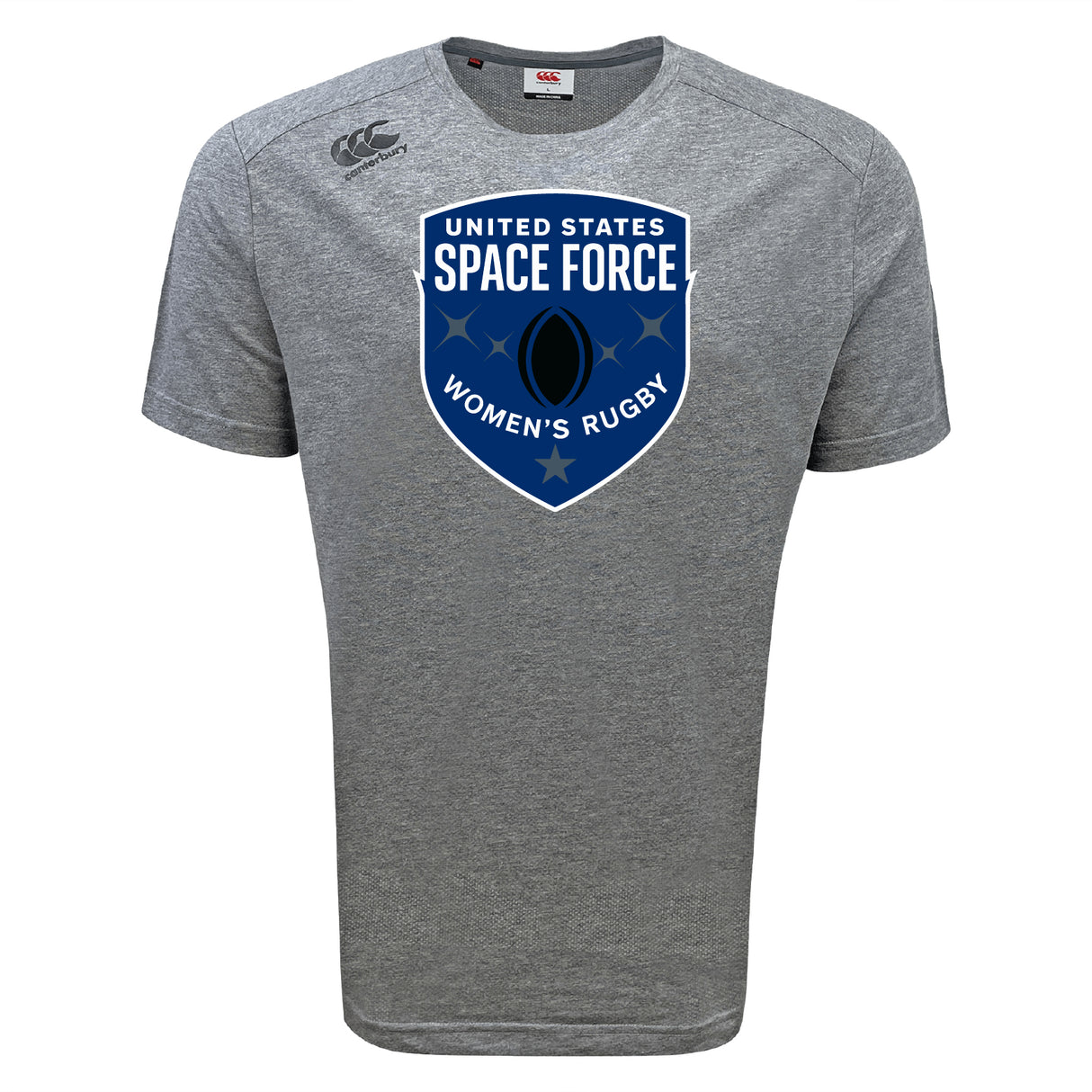 The WRS Canterbury US Space Force Women's Rugby Tempo Vapodri T-Shirt features a gray design with a blue shield logo on the front and a small Canterbury logo on the right shoulder, offering comfort and style.