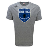 The WRS Canterbury US Space Force Women's Rugby Tempo Vapodri T-Shirt features a gray design with a blue shield logo on the front and a small Canterbury logo on the right shoulder, offering comfort and style.