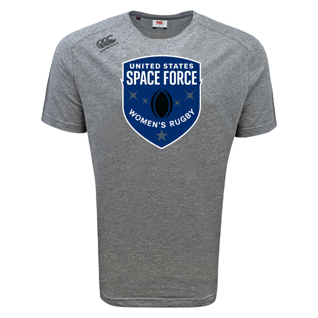 The WRS Canterbury US Space Force Women's Rugby Tempo Vapodri T-Shirt features a gray design with a blue shield logo on the front and a small Canterbury logo on the right shoulder, offering comfort and style.