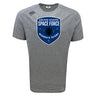 The WRS Canterbury US Space Force Women's Rugby Tempo Vapodri T-Shirt features a gray design with a blue shield logo on the front and a small Canterbury logo on the right shoulder, offering comfort and style.