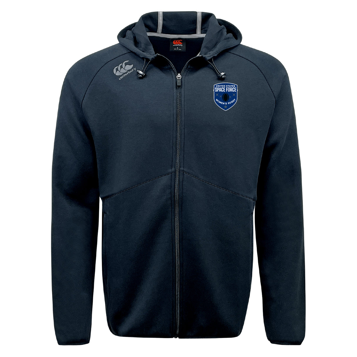 The EMB Canterbury US Space Force Women's Rugby Tempo Vapodri Full-Zip Hoodie features a hood, drawstrings, and two chest logos—"Canterbury" and a blue US Space Force emblem—with moisture-wicking comfort.