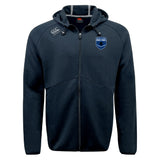The EMB Canterbury US Space Force Women's Rugby Tempo Vapodri Full-Zip Hoodie features a hood, drawstrings, and two chest logos—"Canterbury" and a blue US Space Force emblem—with moisture-wicking comfort.