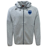 The US Space Force Women’s Rugby Tempo Vapodri Full-Zip Hoodie by EMB Canterbury features a light gray design with hood, drawstrings, two chest logos including the US Space Force emblem, and moisture-wicking comfort.