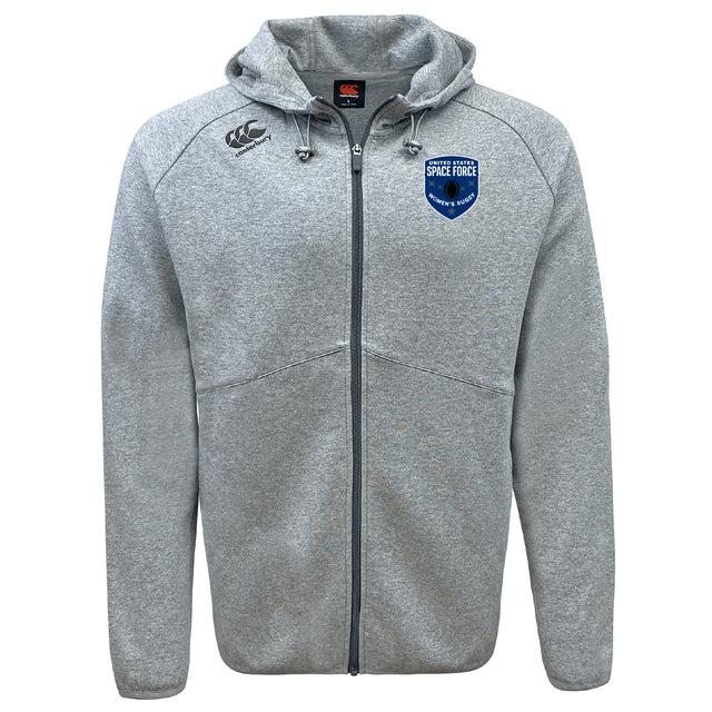 The US Space Force Women’s Rugby Tempo Vapodri Full-Zip Hoodie by EMB Canterbury features a light gray design with hood, drawstrings, two chest logos including the US Space Force emblem, and moisture-wicking comfort.