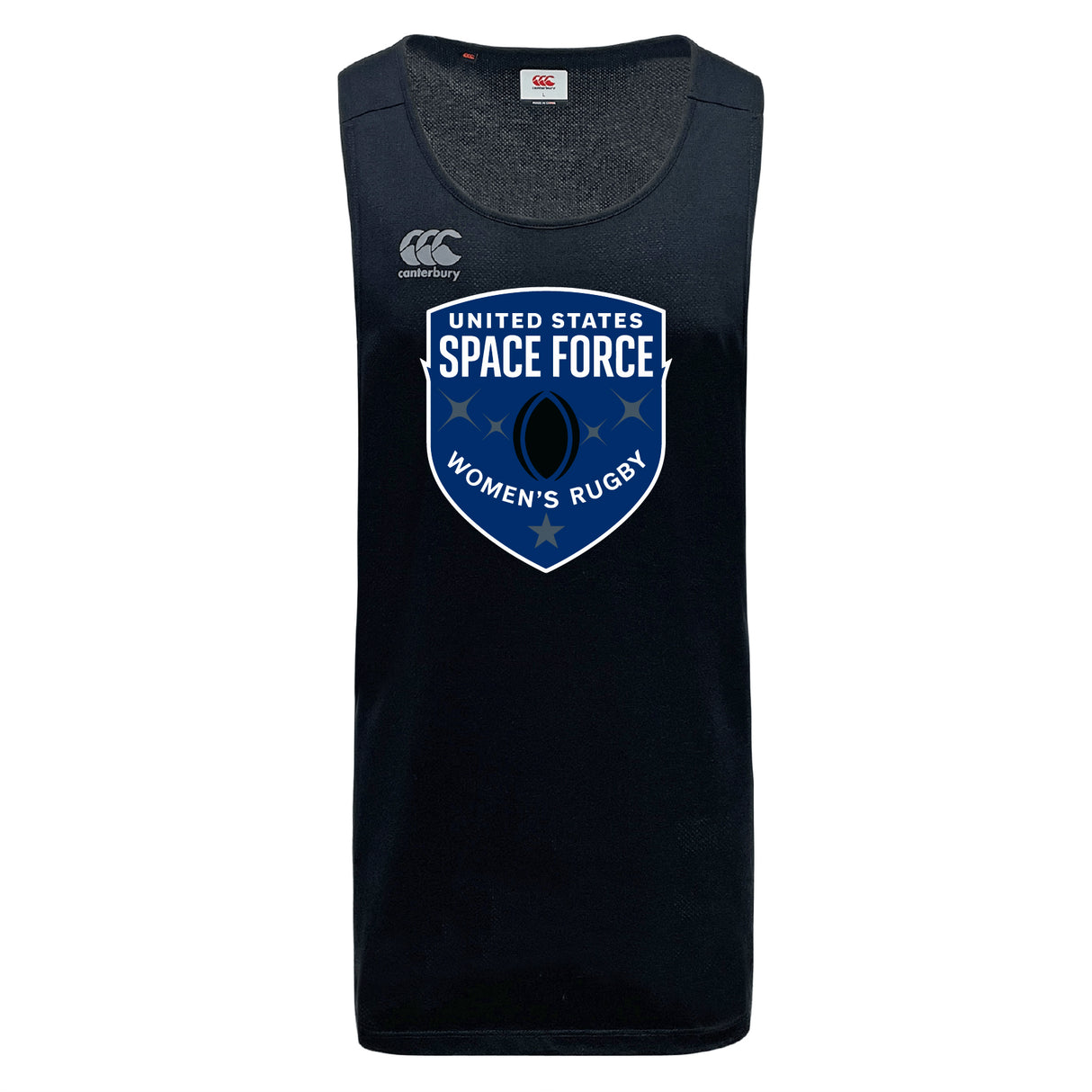 The US Space Force Women's Rugby Tempo Vapodri Singlet by WRS Canterbury is a black, quick-drying workout top featuring the "United States Space Force Women's Rugby" logo—ideal for athletic performance and style.