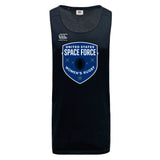 The US Space Force Women's Rugby Tempo Vapodri Singlet by WRS Canterbury is a black, quick-drying workout top featuring the "United States Space Force Women's Rugby" logo—ideal for athletic performance and style.